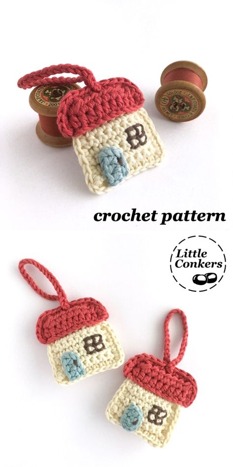 Crochet pattern for a sweet little cottage keychain, brooch or hanging ornament. Simple pattern with lots of colour photos. Quick crochet project which is easy to make with oddments of yarn from your stash. Crochet House Keychain, Quick Crochet Keychain, Simple Crochet Keychain, Quick Crochet Projects To Sell, Crochet Keychain Easy, Little Crochet Projects, Crochet Illustration, Keychain House, Crochet Keyrings
