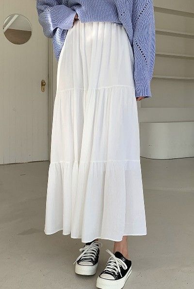 summer outfit Pretty Skirts Midi, Long Skirts Modest Outfits, Long Skirts With Shirts, Korean Fashion Maxi Skirt, Korean Fashion Skirt Long, Cozy Skirt Outfits, Cute Skirts Long, Korean Maxi Skirt Outfit, Long Skirt Outfits For Summer Casual