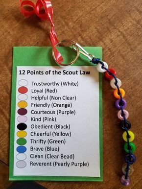 There was nothing for cub scouts to help them learn the Scout Law, so here is one I made. A keychain, pony beads, cording, glue gun to secure the cording knot at keychain. Gave them as Christmas gifts and they loved them!! Tiger Den Meeting Ideas, Cub Scout Pack Meeting Ideas, Lion Den Meeting Ideas, Tiger Scout Den Meeting Ideas, Weblos Scouts, Cub Scout Oath, Cub Scout Law, Tiger Craft, Scouts Activities