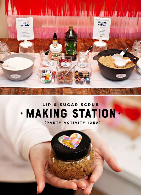 Body Scrub Making Party, At Home Spa Birthday Party, Beauty Bar Birthday Party Ideas, Slumber Party Spa Ideas, Spa Parties For Women, Spa Theme Food Ideas, Spa Birthday Party For Women, Spa Party Goodie Bag Ideas, Skin Care Party Ideas