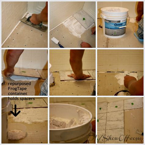 Retile Bathroom Floor Diy, How To Retile Bathroom Floor, Retile Bathroom Floor, Retiling Bathroom, Retile Bathroom, Bathroom Floor Diy, Palm Bathroom, Tiling A Bathroom, Bathroom Floors Diy