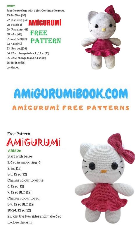 Hello Kitty Amigurumi Free Pattern - Amigurumibook.com Amigurumi Patterns, Hello Kitty Knitting Pattern Free, Hello Kitty Amigurumi Patron Gratis, Crochet Hello Kitty Free Pattern, Hello Kitty Crochet Pattern Free, Kitty Amigurumi Free Pattern, Hello Kitty Amigurumi Free Pattern, Amigurumi Hello Kitty, Cat Amigurumi Free Pattern