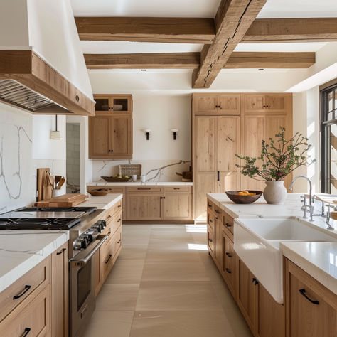 I am in LOVE with the wamrth of this kitchen.  Check out the blog for more design inspo from Shelley Bates 🤍 Kitchen Ideas Organic Modern, Rye Cabinets Kitchen, Natural Wooden Kitchen, House Inspiration Interior Kitchen, Knotty Cabinets Kitchen, Cozy Kitchen Modern, Stone And Brick Interior, Natural Kitchen Design Earth Tones, Organic Modern Interior Design Kitchen