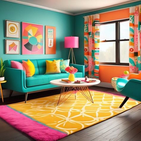 Vibrant Boho Living Room, Lounge 2023, Colorful Living Room Bright, Maximalist Apartment, Bright Room Colors, Bright Color Decor, Community Room, Living Room Retro, Colorful Office