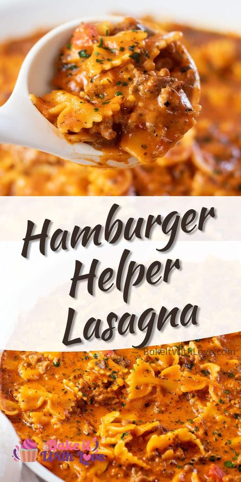 This Hamburger Helper lasagna is a homemade, tasty, and easy one-pot meal that is perfect for any night of the week! It is not only healthier but also much more delicious than anything you'll make from a box. Of course, this comfort food is still super convenient and ready to enjoy in just 20 minutes! BakeItWithLove.com #bakeitwithlove #hamburgerhelper #lasagna #onepot #dinner #copycat Essen, Easy Hamburger Helper, Hamburger Helper Lasagna, Hamburger Helper Recipes, Budget Family Meals, Lasagna Ingredients, Homemade Hamburger Helper, Easy Hamburger, Homemade Lasagna