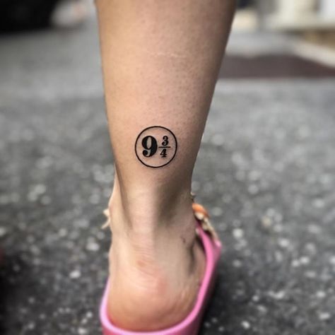 Platform 9 3/4 9 3/4 Tattoo, Tiny Harry Potter Tattoos, Harry Potter Tattoo Ideas, Harry Potter Tattoo Small, Minimalist Tattoo Meaning, Harry Potter 9, Typography Tattoo, Hp Tattoo, Potter Tattoo