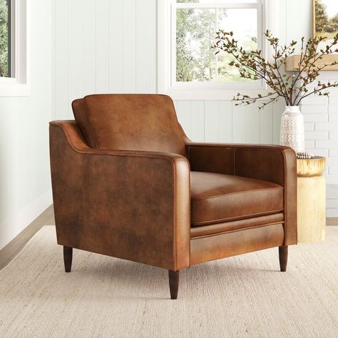 Sand & Stable Abbott Genuine Leather Square Arm Accent Chair & Reviews | Wayfair Brown Leather Armchair, Leather Accent Chair, Cozy Reading Nook, Asian Inspired, Inspired Living, Leather Armchair, Room Layout, Extra Seating, Reading Nook