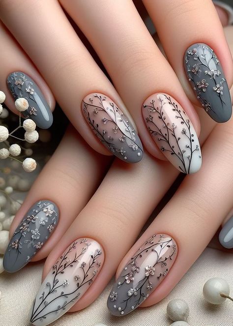 Game Of Throne Nails, Nail Art Designs Dark Colors, Simple Nail Designs Dark, Muted Nail Designs, Black And White Floral Nails, Acotar Inspired Nails, Dark Floral Nails, Bridgerton Nails Ideas, Spring Goth Nails