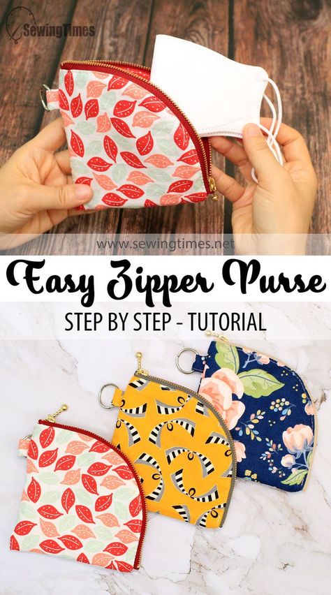 Small Zipper Pouches To Sew, Purse Patterns Free Easy, Small Zip Pouch Coin Purses, Coin Purses Diy Easy, Fabric Wallet Diy, Diy Change Purse, Free Coin Purse Patterns To Sew, Easy Purses To Sew, Sewingtimes Tutorials