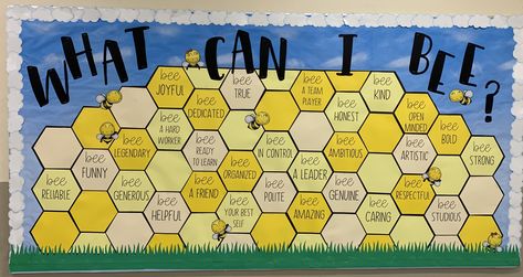 What Can I Bee? What Can I Bee Bulletin Board, What Can I Bee, Bee Bulletin Board, Bee Bulletin Boards, Kindergarten Classroom Design, Aspiration Board, Honey Bee Theme, Kindness Week, Birthday Boards