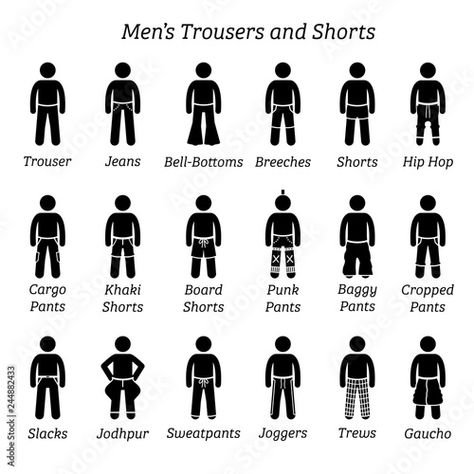 Stock Image: Men trousers, pant and shorts. Stick figures depict a set of different types of trousers, pants, and shorts. This fashion clothings design are wear by men or male.