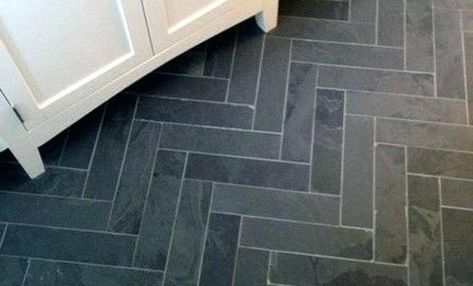 Gray herringbone tile floor Slate Herringbone Tile Floor, Slate Bathroom Floor, Slate Bathroom, Herringbone Floor Tile, Herringbone Tile Floors, Entryway Tile, Master Baths, White Marble Bathrooms, Tile Renovation