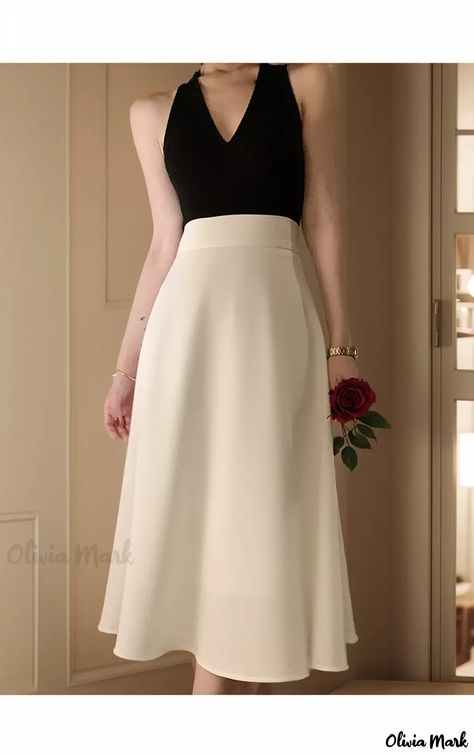Olivia Mark - Stylish High-Waisted Midi Skirt with Flared Hem and Hip Coverage - White, XS Tops That Go With Skirts, Tops And Skirts Outfit, Faldas Midi Outfits, Skirt And Top Ideas, Top With Skirt Outfit, Midi Skirt Outfits, Midi A Line Skirt, Skirt With Top, Skirts And Tops