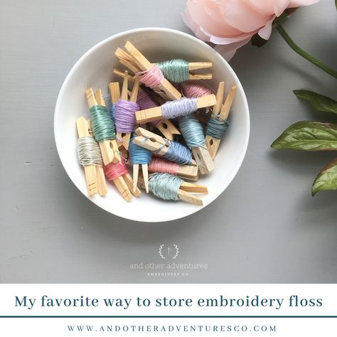 I get asked this question at least once a week.  Why the heck do I store my embroidery floss on clothespins?The short answer is because I have always done it that way.But there is also a long answer...  Because it saves my sanit... Embroidery Floss Clothes Pins, How To Store Embroidery Thread, Storing Embroidery Floss, Embroidery Floss Organizer, How To Store Embroidery Floss, Embroidery Organization Storage Ideas, Store Embroidery Floss, Crochet With Embroidery Floss, Embroidery Floss Organization