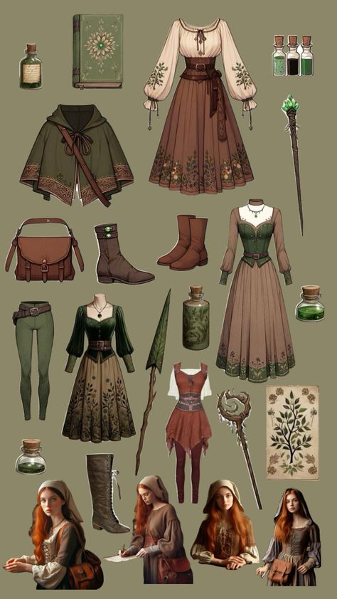 Character inspo Best Ren Faire Costumes, Dnd Outfit Aesthetic, Fantasy Wanderer Outfit, Medival Outfits Woman Drawing, Fantasy World Clothes, Renfair Witch, Fantasy Adventure Outfit, Fantasy Village Clothes, Renfaire Outfit Women