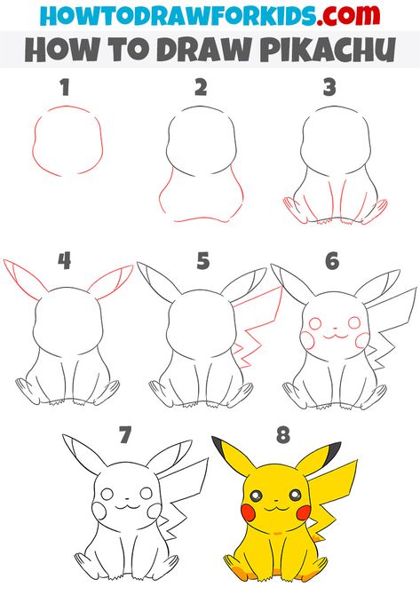 How to Draw Pikachu | Easy Drawing Tutorial For Kids Manga Drawing For Kids, How To Draw Pikachu Easy, Pikachu How To Draw, How To Draw Pickachoo, Picachu Pictures Drawing Step By Step, Drawing Ideas Easy Pokemon, Pikachu Step By Step Drawing, Picatchou Pokemon Drawing, Drawing Pikachu Step By Step