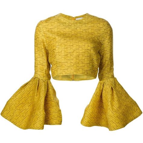 Christian Siriano ruffled sleeve crop top ($1,805) ❤ liked on Polyvore featuring tops, blouses, cut-out crop tops, christian siriano, yellow top, flutter sleeve top and crop top Statement Outfits, Top Blouses, Bell Sleeve Shirt, Crop Top Designs, Yellow Crop Top, Ruffle Sleeve Top, Trendy Fashion Tops, Cropped Tops, Blouse Design Models