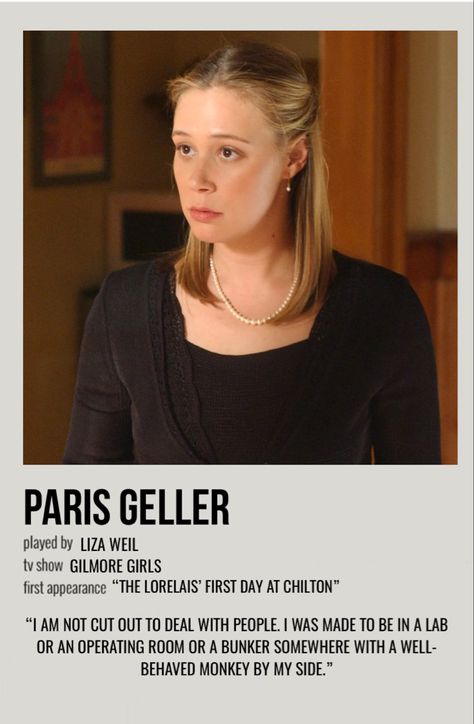 minimal polaroid character poster for paris geller from gilmore girls Paris Geller Aesthetic Wallpaper, Rory Gilmore Poster, Glimore Girls Poster, Paris Geller Outfit, Gilmore Girls Polaroid Poster, Paris Gilmore Girls Aesthetic, Gilmore Girls Movie Poster, Paris Geller Icon, Paris From Gilmore