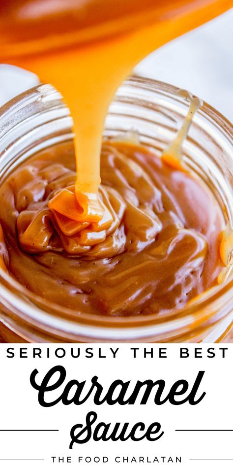 The Best Homemade Caramel Sauce from The Food Charlatan. This caramel sauce is so creamy and smooth! It comes together quickly and uses just a few ingredients. I love the tang that the lemon adds. This sauce is the perfect topping for ice cream, crisps or cobbler, a fall cake, or your spoon. This is real deal caramel, not cheater caramel, but you don't need to worry - I'll show you all the steps to make sure it turns out perfectly. It also makes a great neighbor gift for the holidays! Brown Sugar Caramel Sauce, Easy Caramel Sauce, Desserts Caramel, Homemade Caramel Recipes, Brown Sugar Caramel, Easy Caramel, Caramel Recipes Sauce, Homemade Caramel Sauce, Candy Recipes Homemade