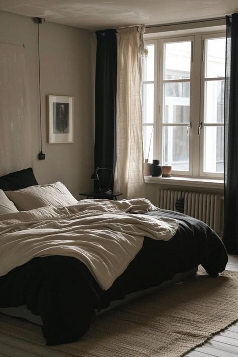 Beige and Black Bedroom Ideas: Chic Decor Tips Bedroom Inspo Black Bedframe, Dark Brown And Black Bedroom Ideas, Tan White And Black Bedroom, Dark Grey And Beige Bedroom Ideas, Beige And Black Bedroom Aesthetic, Black Bedroom Decor Aesthetic, Black Furniture Apartment, Black Beige White Bedroom, Grey Green Bedroom Ideas