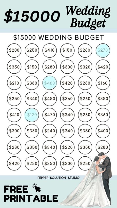 Are you planning to save for a wedding? Follow our $15,000 wedding budget challenge! Each time you choose an amount to save, color in the circle or put a cross on it to mark your progress toward your savings goal. #moneysavingchallenge #weddingsavingsplan #freeprintable #savingmoneychart 15000 Savings Plan, Wedding Savings Challenge, Save Money For Wedding, 15 000 Wedding Budget, Wedding Savings Plan, Save For A Wedding, Money Challenges, How To Build Wealth, Saving Money Chart