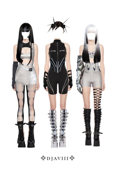 Futuristic Kpop Stage Outfits, Cyberpunk Theme Outfit, Stage Outfits Futuristic, Futuristic Fashion Outfits, Cyberpunk Futuristic Fashion, Kpop Futuristic Concept, Kpop Dancers Outfit, 3 Member Stage Outfits, Futureristic Outfits