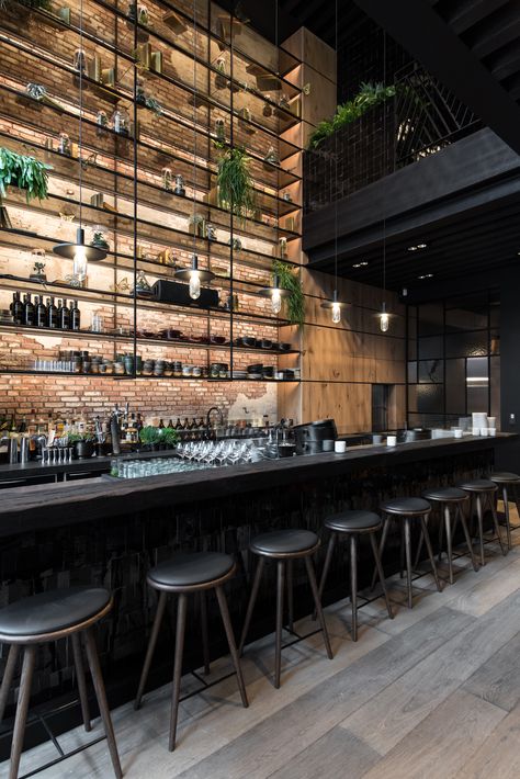 MESA Restaurant - Dieter Vander Velpen Architects Bar Wall Ideas Restaurant, Lighting Restaurant Design, Double Height Bar Design, Industrial Bar Restaurant Design, Industrial Bar Interior, Wood Bar Restaurant, Black Bar Restaurant, Brick Wall Bar Design, Back Bar Shelves