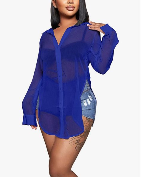 Womens Sexy V-Neck Long Sleeve Button Down Shirts Fashion Blouses Short Mini Dresses at Amazon Women’s Clothing store Patchwork, College Wear, Shirt Collar Styles, Solid Midi Dress, Patch Work Blouse, Straight Clothes, Chiffon Fashion, Turndown Collar, Mesh Long Sleeve