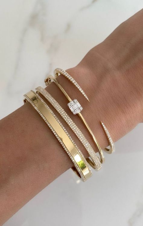 Gold Ring Classy, Arm Stack, Shiny Bracelets, Gold Bracelets Stacked, Classic Bracelets, Baguette Diamonds, Jewelry Lookbook, Stacked Jewelry, Classy Jewelry