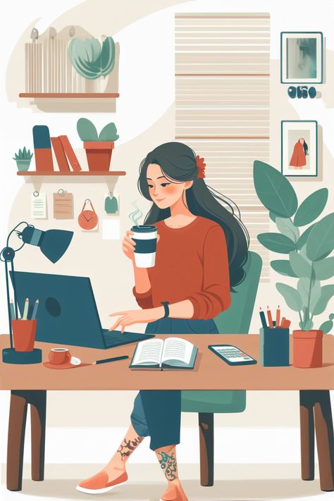 Woman working at a desk at home Vision Board Illustration Art, Notion Cover Illustration, Freelancing Aesthetic, Work From Home Pictures, Work From Home Illustration, Conference Illustration, Woman Home Office, Studying Photos, Workspace Illustration