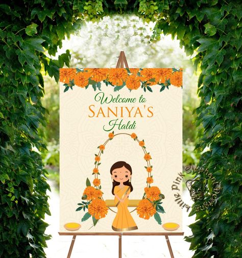 Haldi Poster Design, Haldi Ceremony Welcome Board, Haldi Board, Haldi Poster, Welcome Signs Wedding, Welcome Sign Design, Gaye Holud, Haldi Decor, Indian Wedding Invitation Card Design