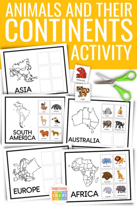 Geography Lessons For Kindergarten, Montessori Continents Activities, Social Studies Activities Kindergarten, Continent Study Kindergarten, Preschool Geography Crafts, Animals Of The World Activities, Preschool Continents Free Printable, Continent Crafts For Preschool, North America Activities For Preschool