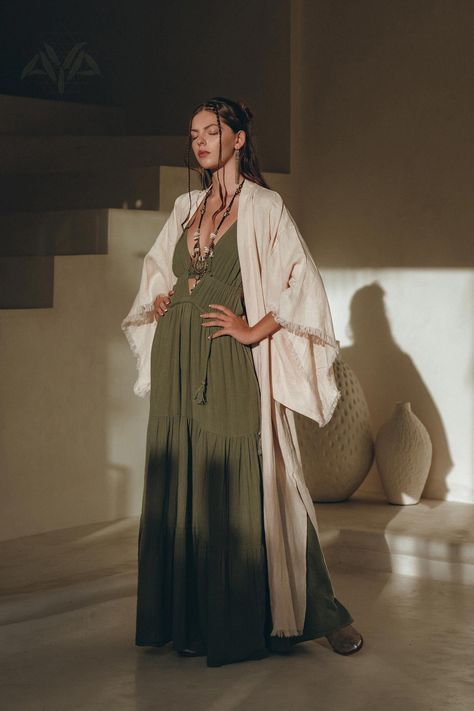 Cardigan With Belt, Goddess Style, Elegant Kimono, Boho Womens Clothing, Sage Green Dress, Linen Kimono, Mode Kimono, Kimono Outfit, Caribbean Style