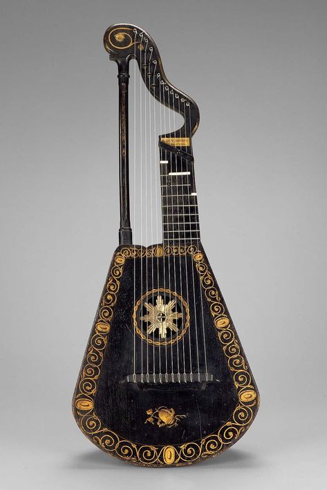 Back comprised of seven ribs of mahogany (?), with narrow oval soundhole at center. Belly of fine-grain spruce decorated with gilt scrolling patterns. Back and bottom … Dnd Lute Design, Dnd Lute, Lute Aesthetic, Ocarina Aesthetic, Lyre Aesthetic, Lute Design, Bard Lute, Lute Instrument, Bard Instruments