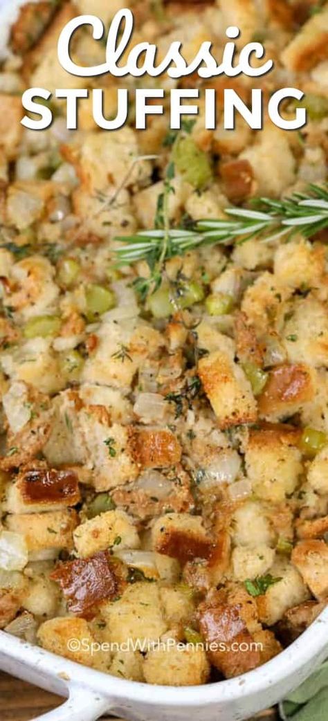 This easy stuffing recipe is the perfect side dish for any holiday or Thanksgiving dinner! Stuffing is one of my favorite dishes! #spendwithpennies #stuffing #stuffingrecipe #turkeystuffing #turkeydinner #thanksgiving via @spendpennies Baked Stuffing, Quick Thanksgiving Recipes, Delicious Stuffing Recipe, Classic Stuffing Recipe, Classic Stuffing, Easy Stuffing Recipe, Stuffing Recipes For Thanksgiving, Thanksgiving Food Sides, Easy Stuffing