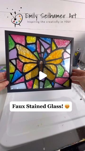 Liquid Glass Art, Faux Stained Glass Diy With Glue, Emily Seilhamer Art, Stained Glass Art Easy, Stained Glass Art For Kids, Faux Stained Glass Patterns, Stained Glass Picture Frames, Stained Glass Picture Frame, Stained Glass Frames