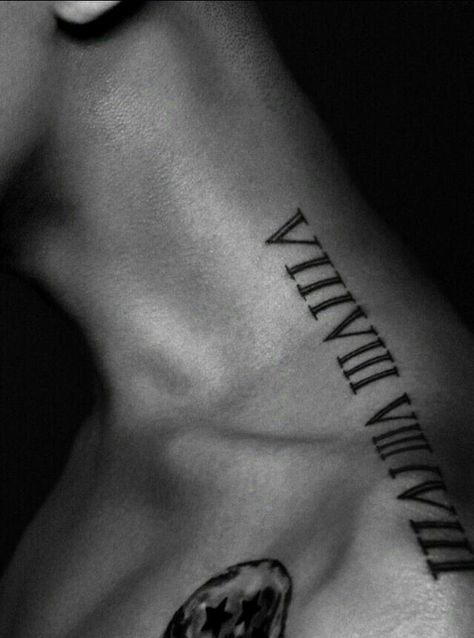 GD G Dragon Tattoo, Dragons Tumblr, Smile Tattoo, Roman Numeral Tattoos, Date Tattoos, G-dragon, Chest Tattoo Men, Band Tattoo, Rib Tattoo