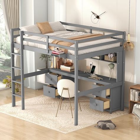 Full Size Loft Bed with Desk, Cabinets, Drawers and Bedside Tray, Charging Station - On Sale - Bed Bath & Beyond - 37863506 Desk Cabinets, 6 Inch Mattress, Bedside Tray, Full Size Loft Bed, Full Size Loft, Loft Bed With Desk, Bed With Desk, Loft Bed Frame, Desk Cabinet