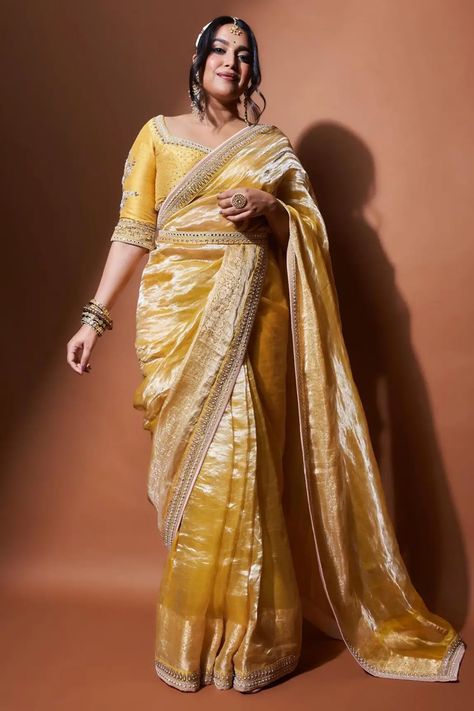 Shop for Matsya Yellow Sunaina Wrinkled Tissue Saree With Blouse for Women Online at Aza Fashions Zardozi Saree, Golden Saree Blouse, Golden Saree, Saree With Belt, Black Color Hairstyles, Tissue Saree, Saree Designs Party Wear, Yellow Saree, Indian Fashion Saree