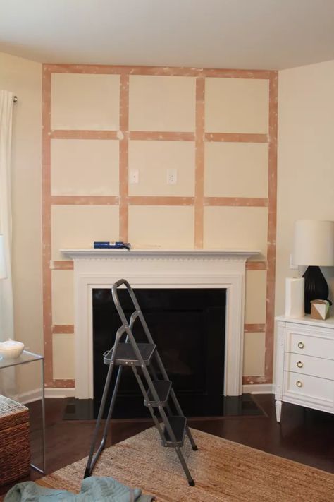 Fireplace With Trim To Ceiling, Fireplace Surround Ideas Wood, Fireplace With Feature Wall, Above Fireplace Accent Wall, Fireplace Feature Wall Ideas Shiplap, Fireplace Accent Wall Ideas Paint Colors, Board And Batten Wall Above Fireplace, Accent Wall Above Fireplace Mantles, Fireplace On Corner Wall