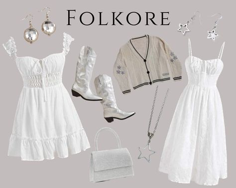 Taylor Swift Folk Lore Era Outfits, Eras Tour White Outfit, Eras Tour Outfits White Dress, Taylor Eras Tour Outfits Ideas, Folklore Era Tour Outfits, Love Story Outfits Taylor Swift, Folklore Lookbook, White Dress Eras Tour, Eras Tour White Dress