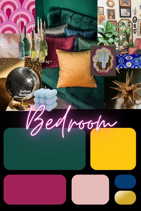 Emerald Mustard Color Palettes, Navy Mustard And Pink Living Room, Emerald Green Yellow Pink Bedroom, Magenta And Navy Bedroom, Emerald Green And Fuschia Bedroom, Hot Pink Emerald Green Room, Emerald Green And Yellow Color Palette, Emerald Green Eclectic Bedroom, Teal Fuschia Color Palette