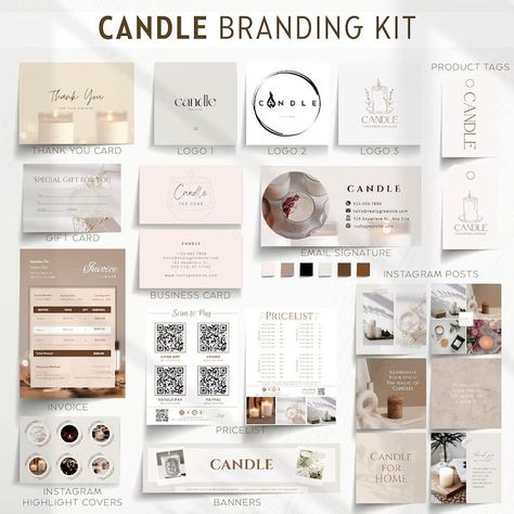 Transform your brand with our DIY Branding Kit designed for small businesses and creators. With customizable color palettes, logo templates, and marketing materials, you can easily create a professional and cohesive brand identity using Canva's user-friendly platform. Stand out in your industry with a unique and polished brand presence. Logos, Business Influencer, Candle Brand, Shopify Templates, Diy Branding, Shopify Website Design, Candle Branding, Candle Business, Brand Kit