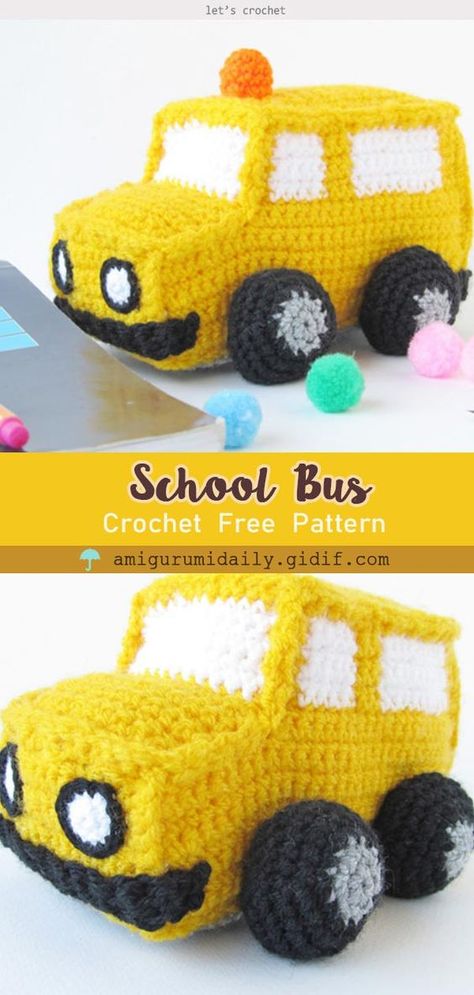 Crochet Amigurumi School Bus Free Pattern Amigurumi Patterns, Crochet Truck Pattern Free, Diagram Crochet, Crochet Boys, Farm Play, Crochet Cats, Charts Patterns, Crochet Car, Crochet Kids