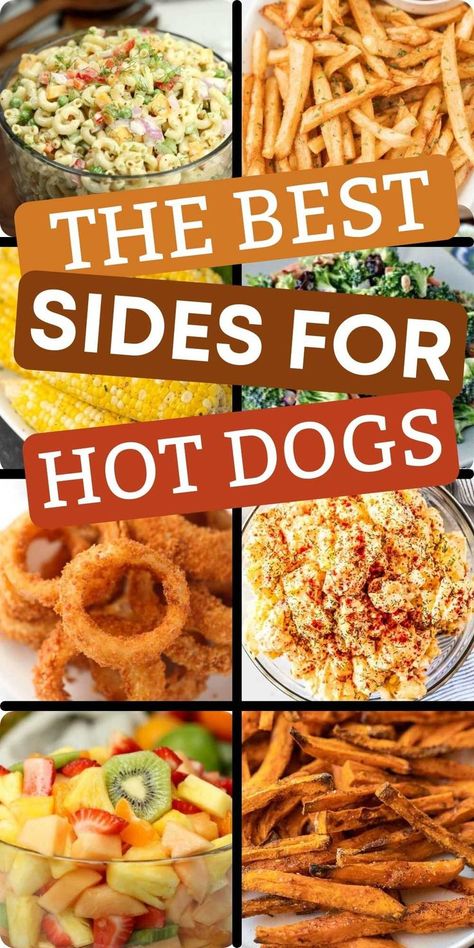 What to serve with hot dogs besides just regular potato chips. Here are 29 of the Best Side dishes for Hot Dogs that are easy to make. These are the best side dishes to serve at a party or for a dinner too! #eatingonadime #hotdogs #sidedishes #sidedishrecipes Hot Dog For Dinner, Side For Burgers And Hot Dogs, What To Eat With Hot Dogs Sides, Sides For Hot Dogs Dishes, What To Serve With Hot Dogs Dinners, Hotdogs Side Dishes, Side Dish For Hot Dogs Ideas, Sides That Go With Hotdogs, What To Serve With Chili Dogs