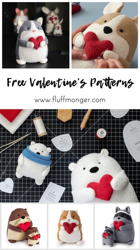 Free Valentine's Day Plush Sewing Patterns - V-Day DIY, V-Day Gifts, Valentine's Day sewing patterns, polar bear, raccoon, otter, cat, guinea pig, corgi stuffed animal Stuffed Bear Pattern Free, Plush Sewing Patterns, Corgi Stuffed Animal, Plush Sewing, Diy Cadeau, Valentines Patterns, Beginner Sewing Projects Easy, Free Valentine, Leftover Fabric