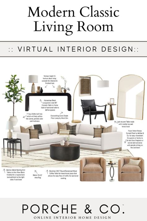 Image for living room design from the interior designers at Porche & Co. Sophisticated Family Room, Accessorizing Living Room, Transitional Living Room 2023, Family Living Room Decor Ideas, Living Room Art Piece, Transitional Design Mood Board, Living Room Concept Board, Neutral Tonal Living Room, Modern Traditional Living Room Mood Board