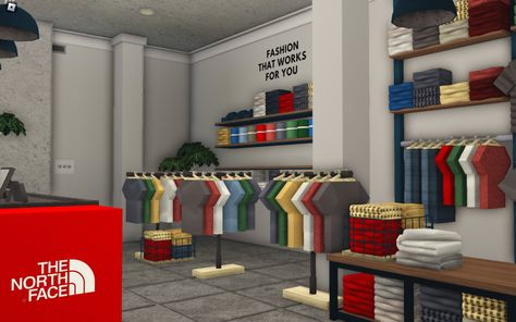 Clothing Store In Bloxburg, Bloxburg Mall Stores, Bloxburg Mall Ideas Exterior, Bloxburg Shopping Mall Layout, Clothes Shop Bloxburg, Bloxburg Mcdonalds Outfit Codes, Clothes Store Bloxburg, Clothing Shop Bloxburg, Book Store Bloxburg