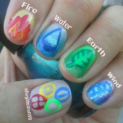 These are cute.    I'm assuming this is Avatar the last airbender themed nail art? Nature, The Last Airbender, Nature Nails, Anime Nails, Avatar The Last Airbender, Manicure And Pedicure, Makeup Nails, Fun Nails, Cute Nails