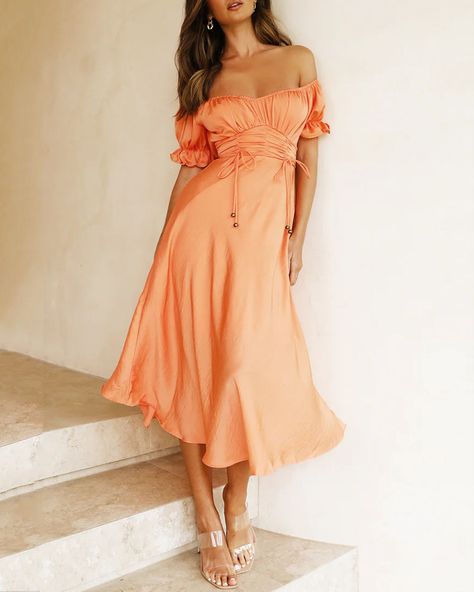 Peach Midi Dress, Cold Hands, Mini Shoulder Bag, Flowy Skirt, Strappy Heels, Satin Fabric, Shoulder Sleeve, Off Shoulder Dress, Off The Shoulder